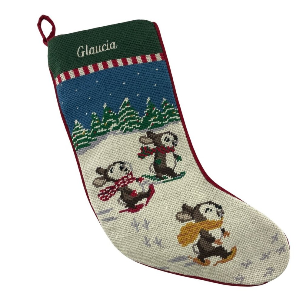 Lands End Christmas Stocking Needlepoint Bunny Rabbit Snowshoe GLAUCIA Monogram